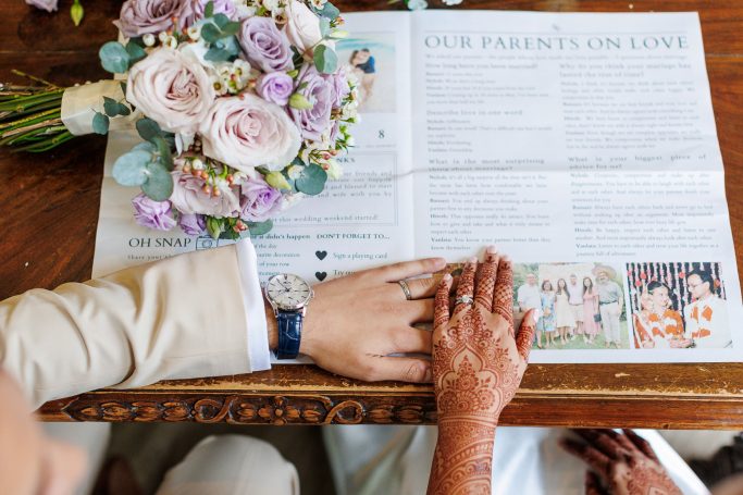 A couple's hands resting on a newspaper, surrounded by a bouquet of flowers.