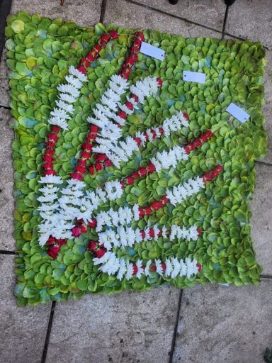 A textured artwork featuring red and white floral patterns on a green background.